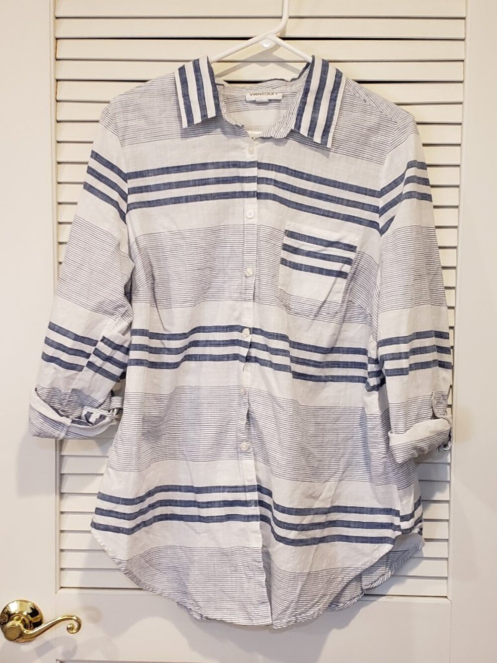 Westport Blue Stripe Top 2X 100% Cotton Button Up Roll Sleeve Shirt